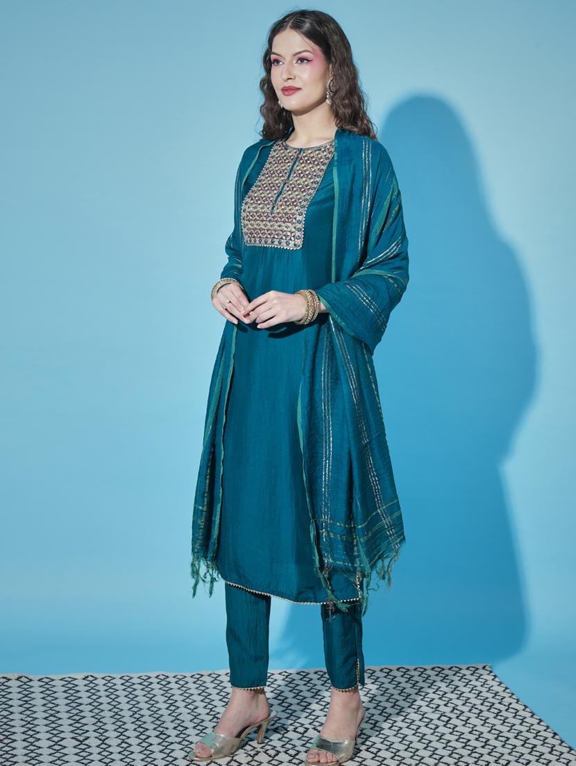 teal colored kurta pant set - 20329978 -  Standard Image - 1