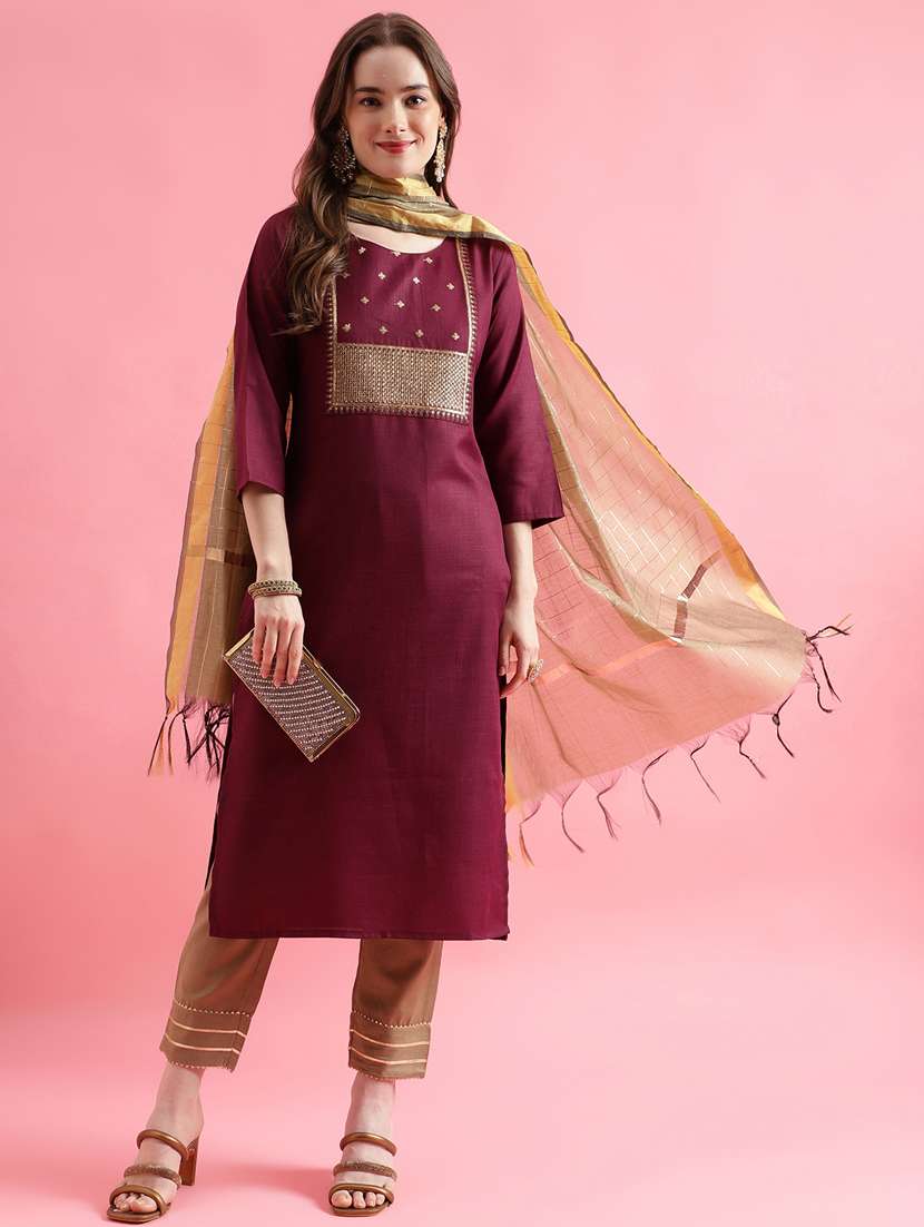 burgundy colored kurta pant set
