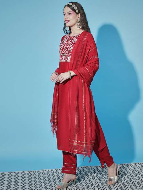 red colored kurta pant set - 20330039 - Standard Image - 0