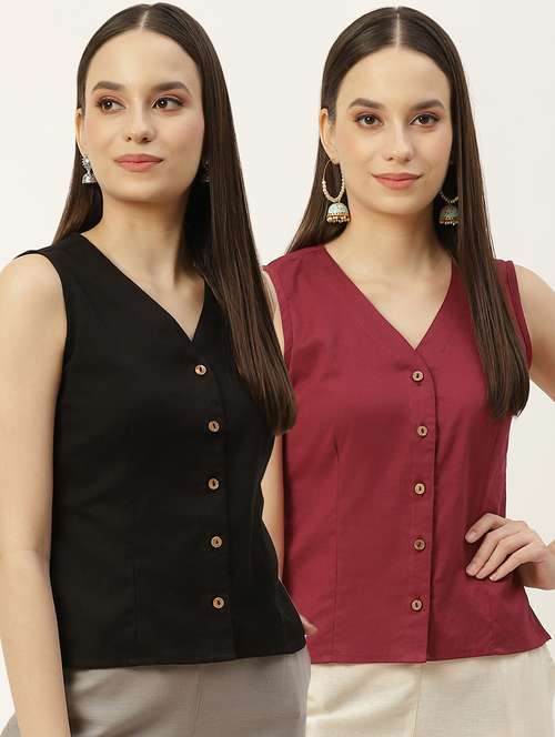 pack of 2 solid front open sleeveless blouse - 20330594 -  Standard Image - 0