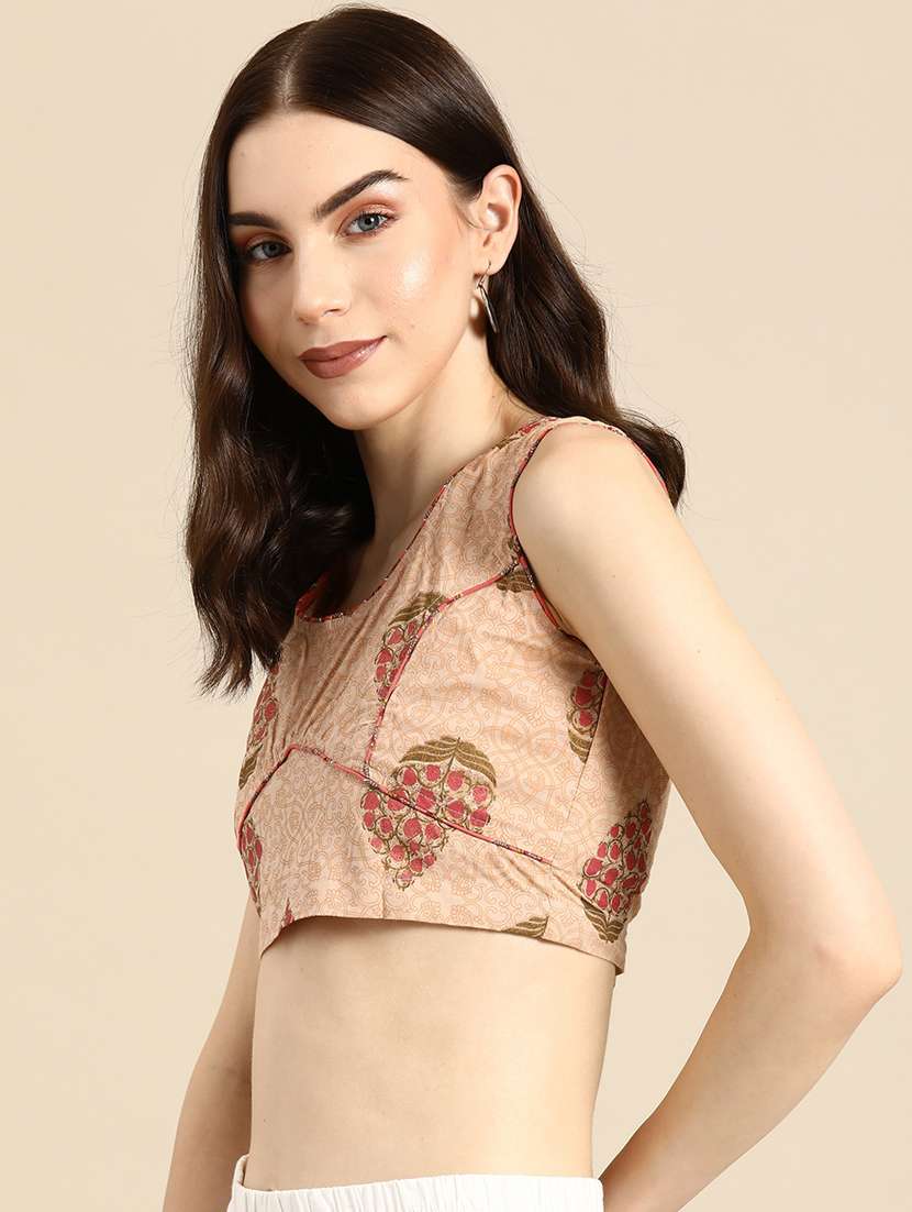 women beige round neck stitched blouse - 20330695 - Standard Image - 1