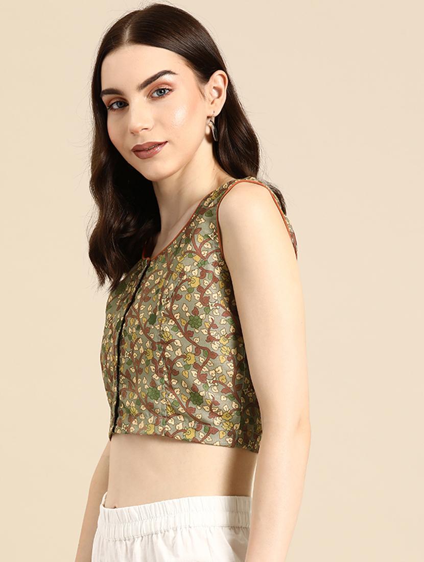 women green round neck stitched blouse - 20330697 -  Standard Image - 1