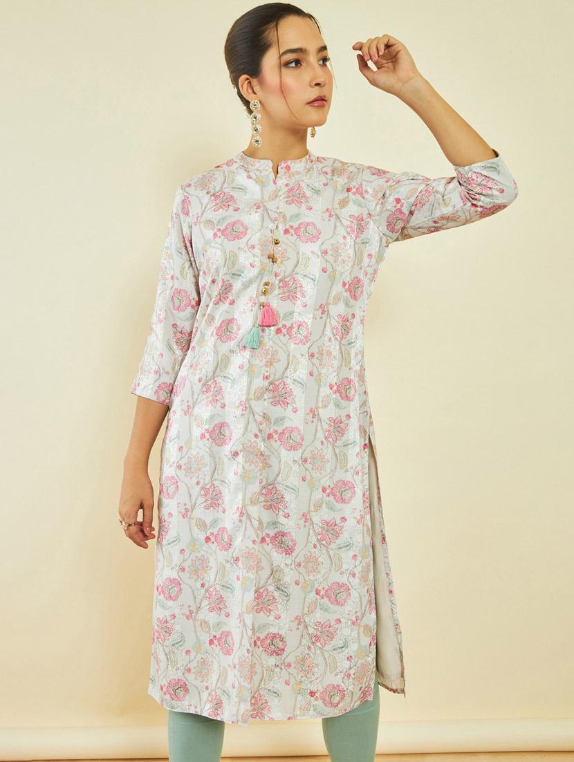 women white mandarin neck a-line kurta - 20331270 - Standard Image - 1
