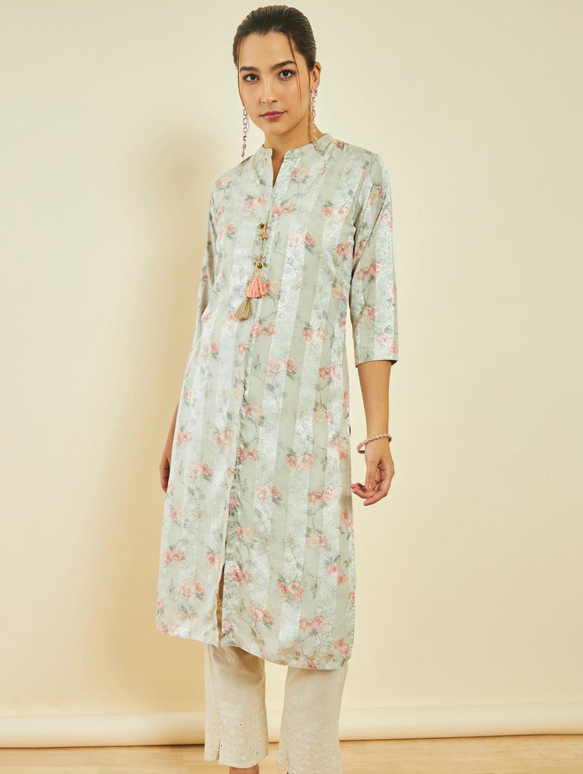 women green mandarin neck a-line kurta - 20331271 - Standard Image - 1