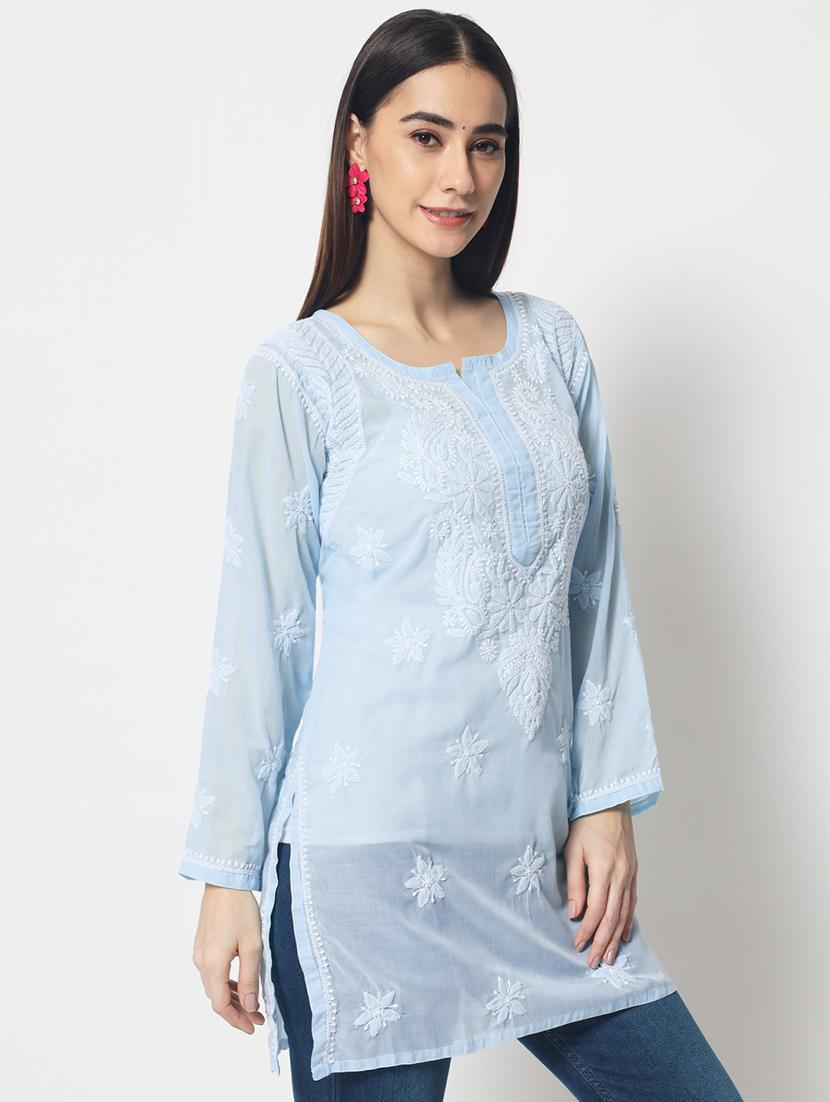 light blue long sleeve chikankari kurti - 20331675 - Standard Image - 1