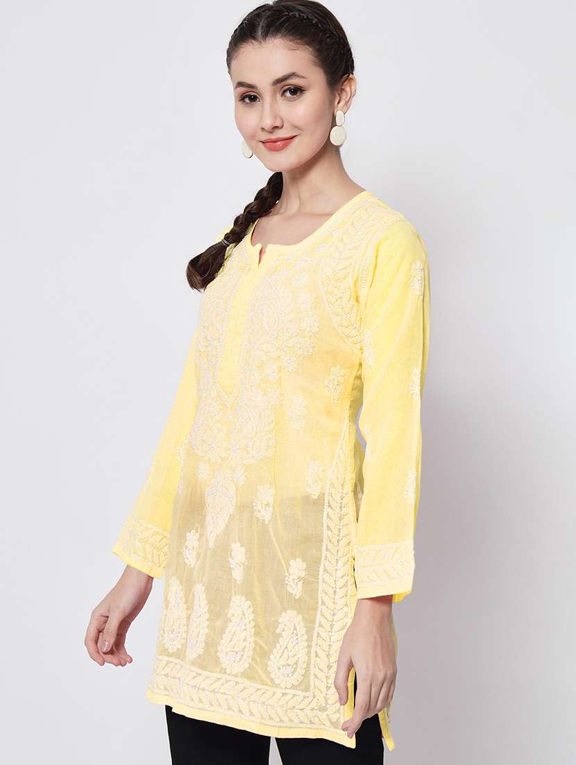yellow chikankari embroidered short kurti - 20331679 - Standard Image - 1