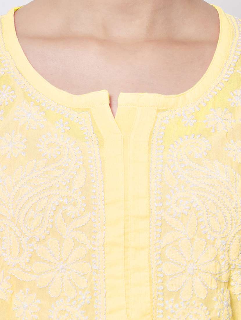 yellow chikankari embroidered short kurti - 20331679 - Standard Image - 4