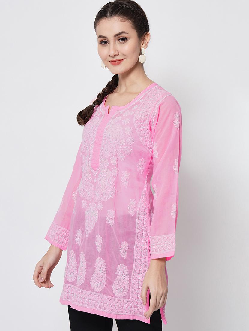 women pink chikankari work a-line kurta - 20331681 - Standard Image - 1
