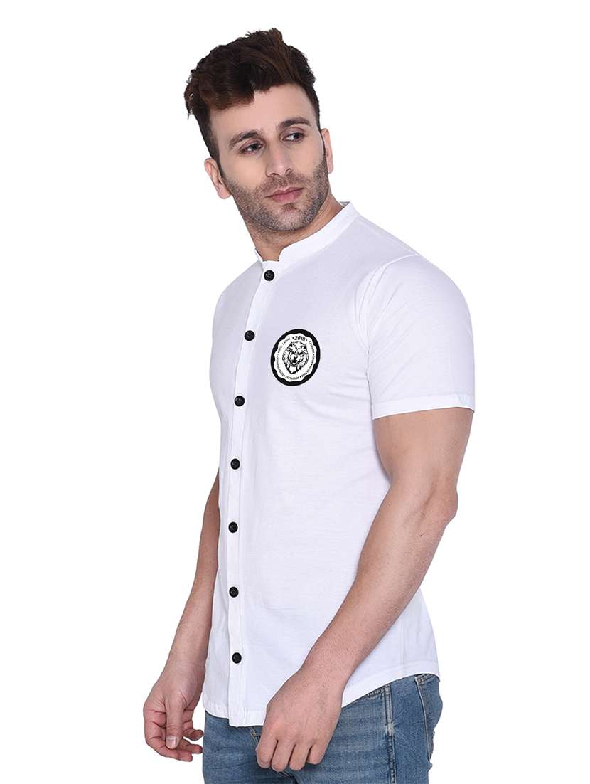 mandarin collar short sleeves solid casual shirt - 20331936 - Standard Image - 1