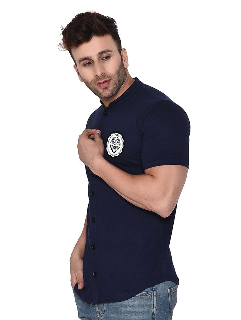 mandarin collar short sleeves solid casual shirt - 20331939 - Standard Image - 1