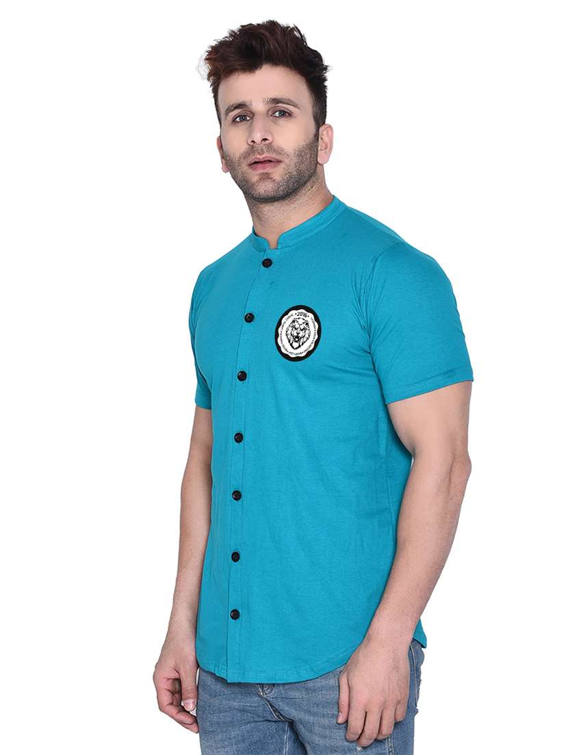mandarin collar short sleeves solid casual shirt - 20331943 -  Standard Image - 1