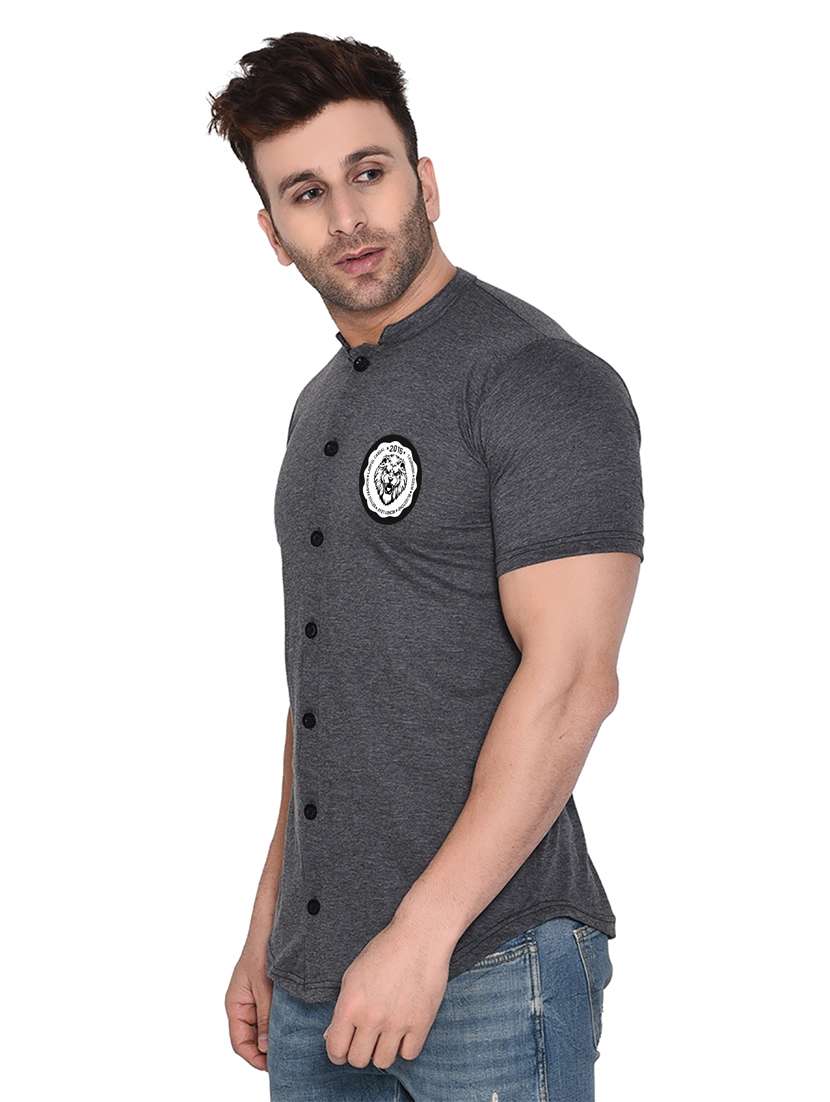 mandarin collar short sleeves solid casual shirt - 20331945 - Standard Image - 1
