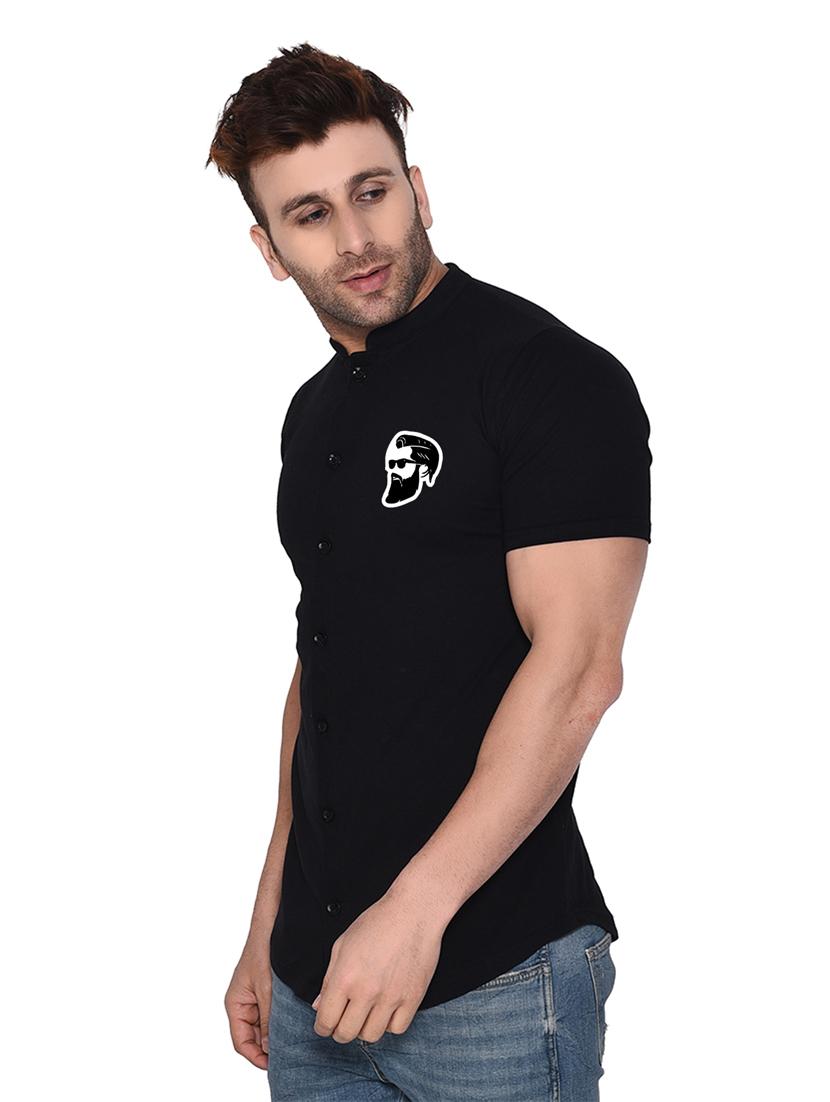 mandarin collar short sleeves solid casual shirt - 20331946 -  Standard Image - 1
