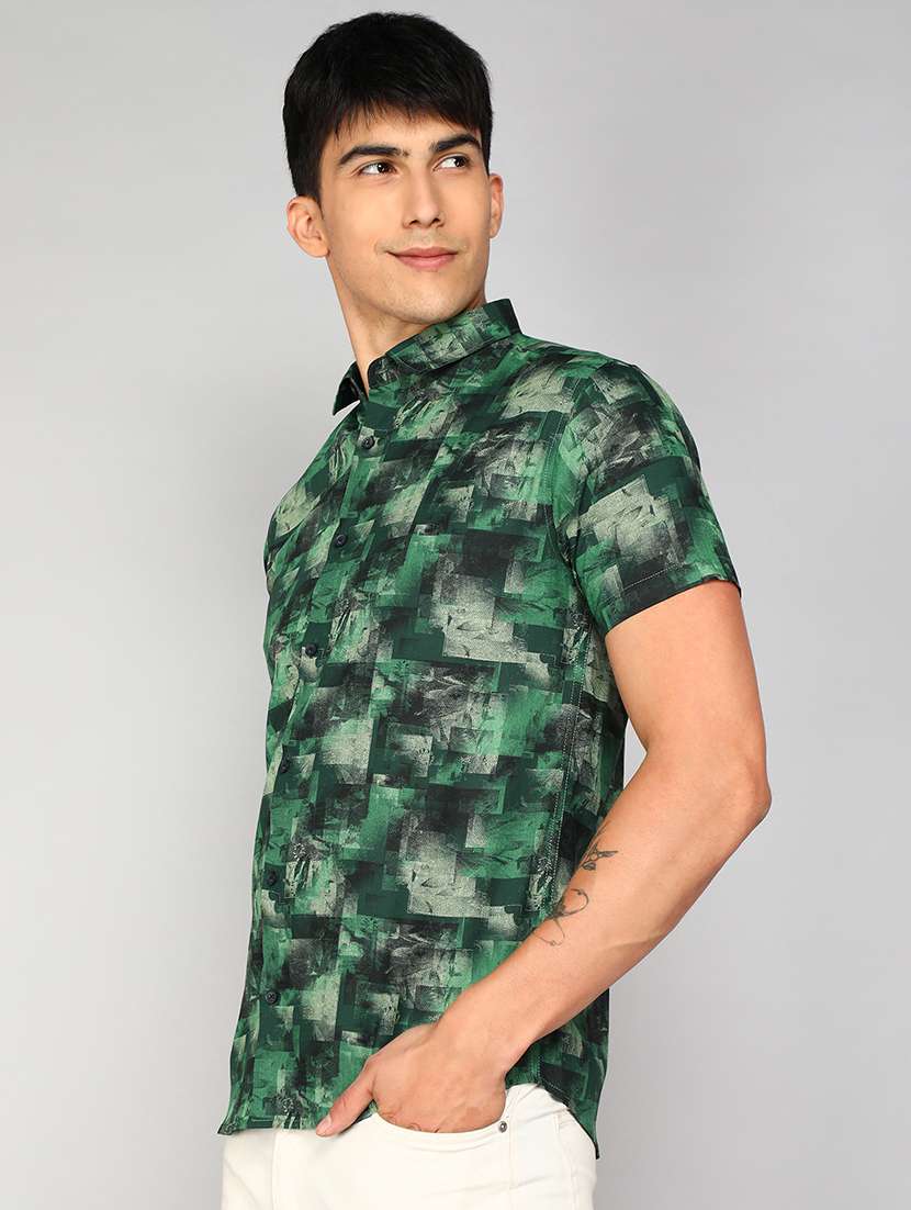 men green printed shirt collar casual shirt - 20333455 -  Standard Image - 1