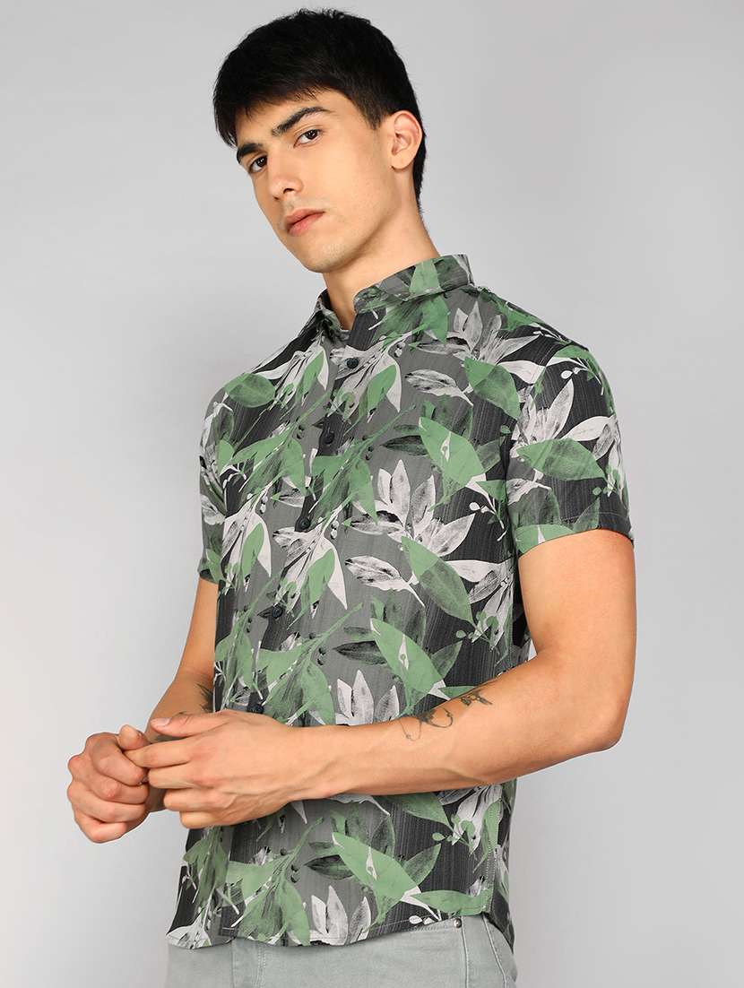 men green leafy print rayon regular casual shirt - 20333458 -  Standard Image - 1