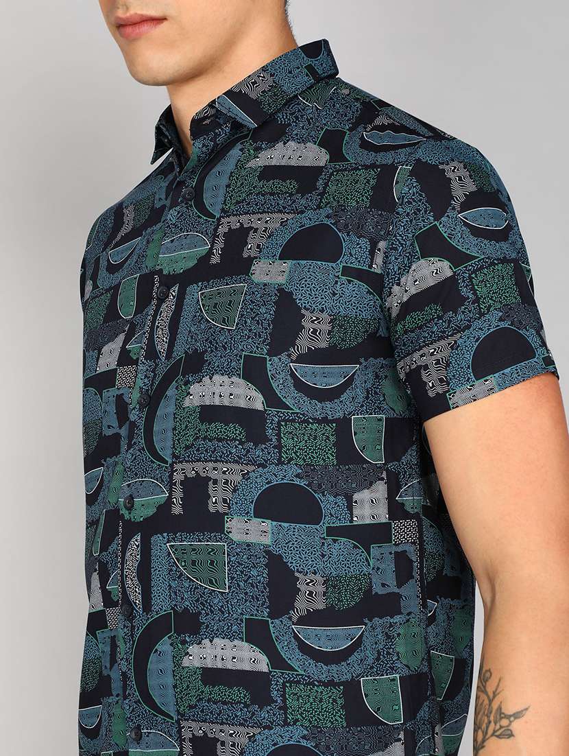 men navy blue printed viscose casual shirt - 20333474 -  Standard Image - 4