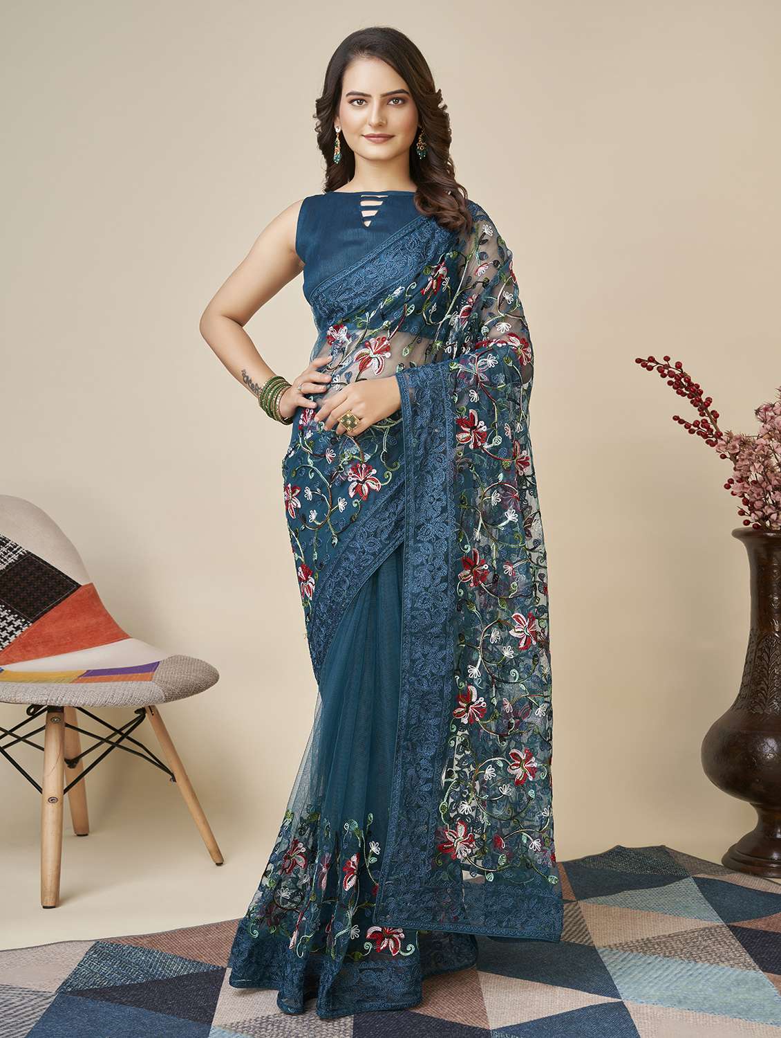 women's embroidered saree with blouse