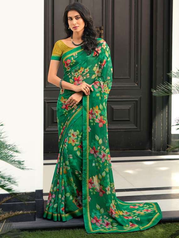 women's floral dark green colored saree with blouse