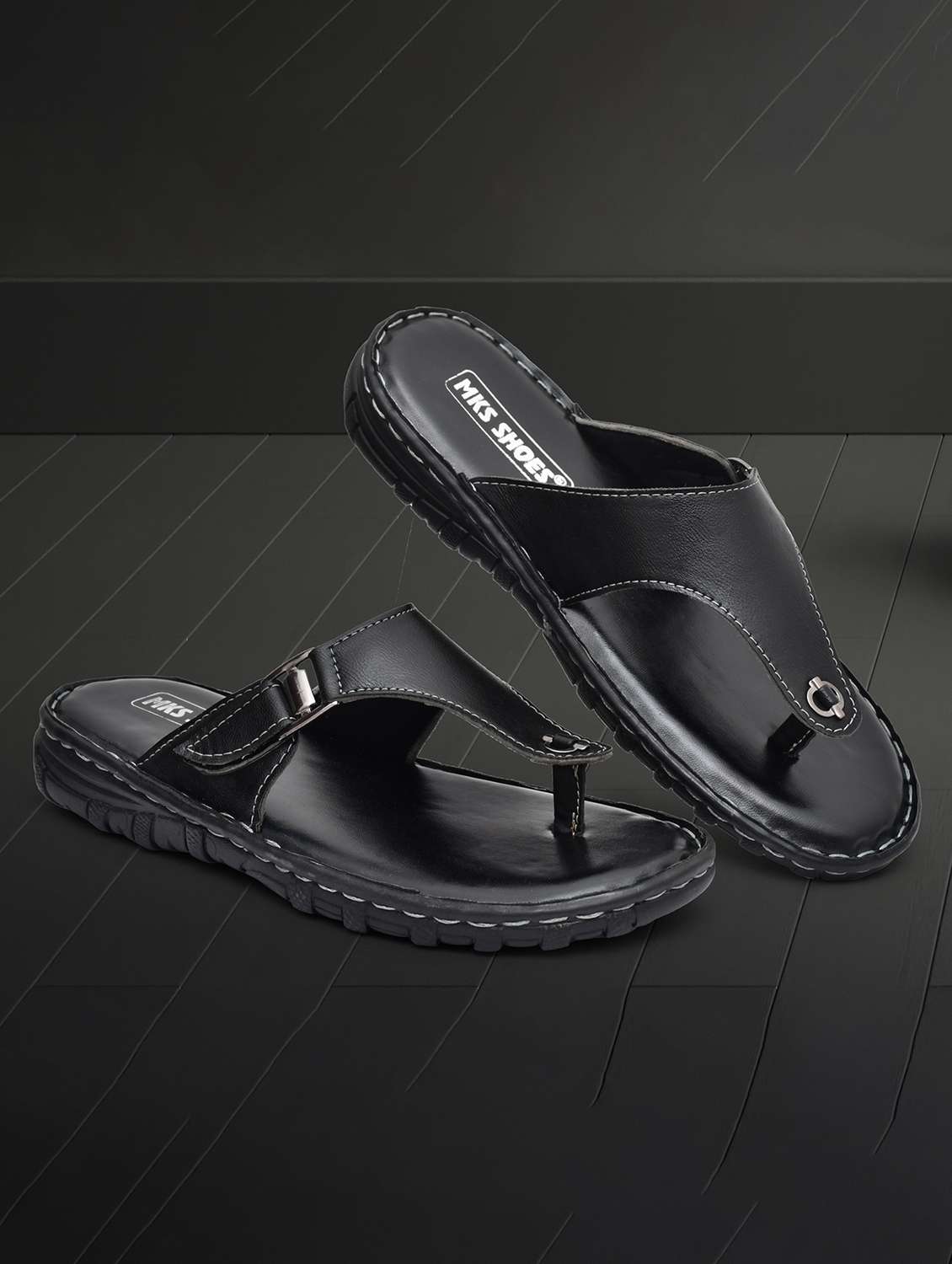black leather toe separator slippers