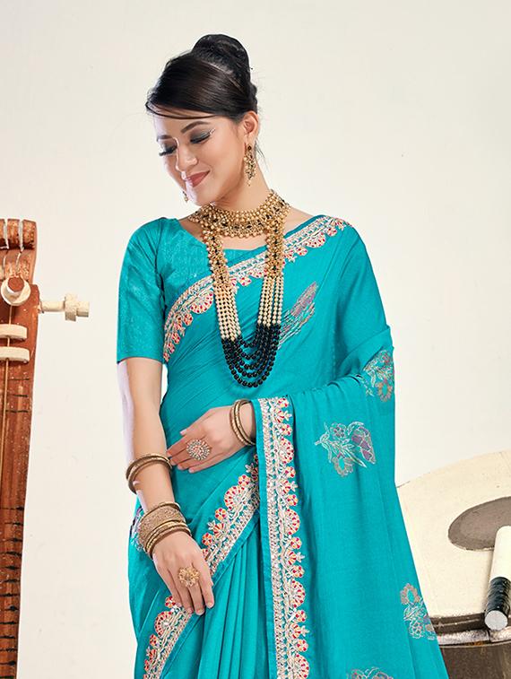 women's bordered turquoise colored saree with blouse - 20335336 - Standard Image - 1