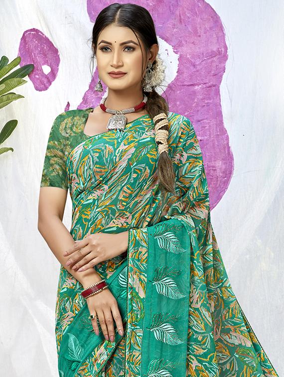 green colored printed  saree with blouse - 20335345 -  Standard Image - 1