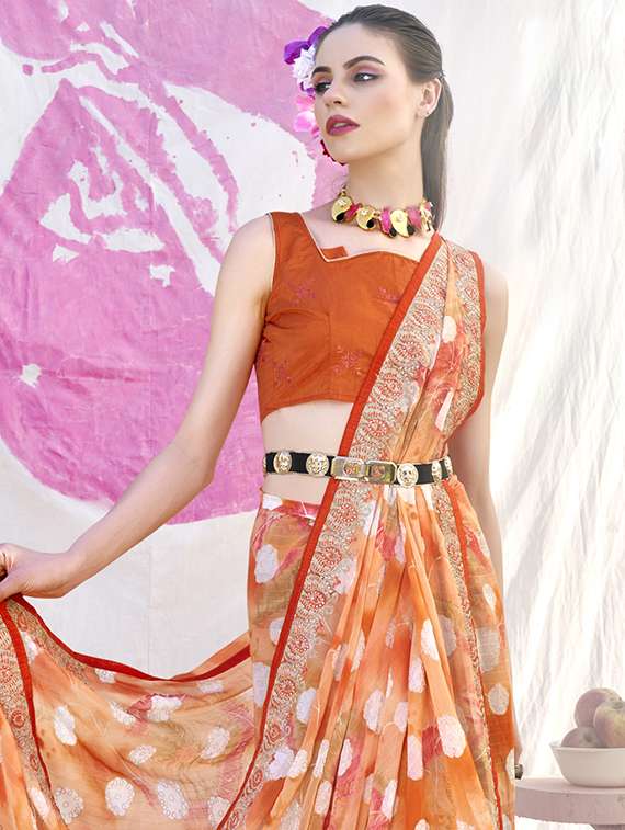 women's floral orange colored saree with blouse - 20335393 -  Standard Image - 1