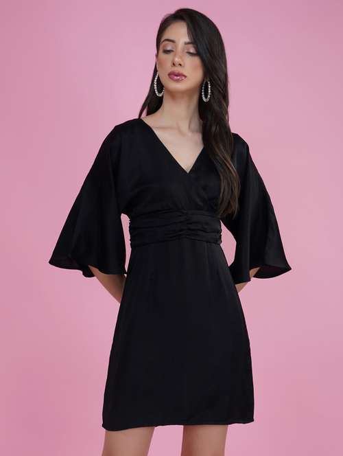 black solid flute sleeves shift dress - 20335408 -  Standard Image - 0
