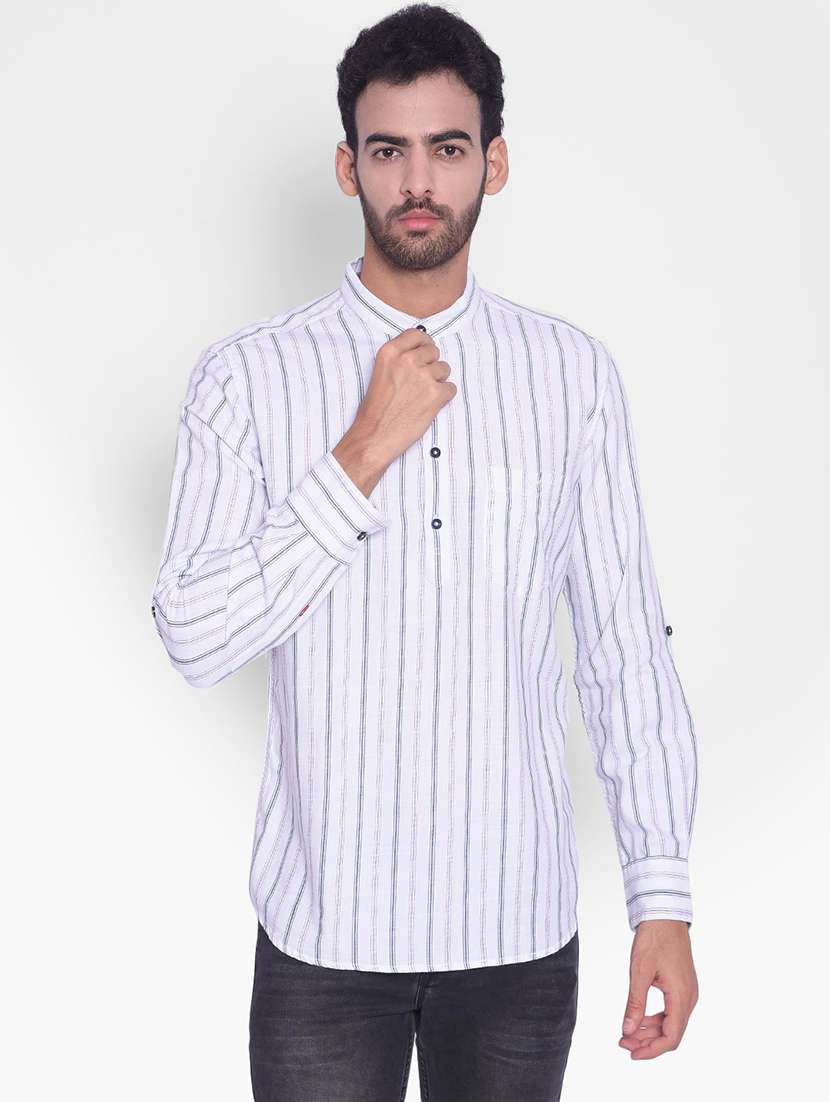 men white stripes cotton short kurta - 20335425 -  Zoom Image - 0
