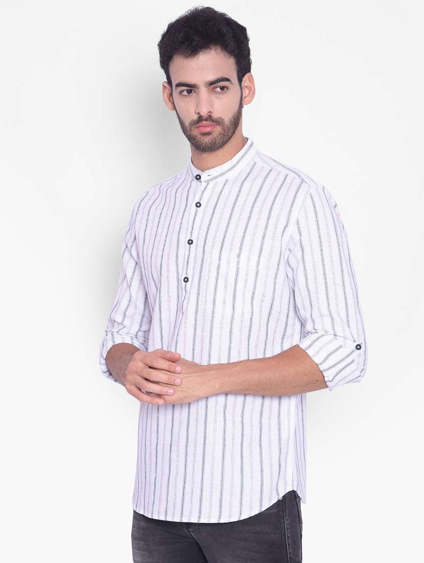 men white stripes cotton short kurta - 20335425 -  Standard Image - 1