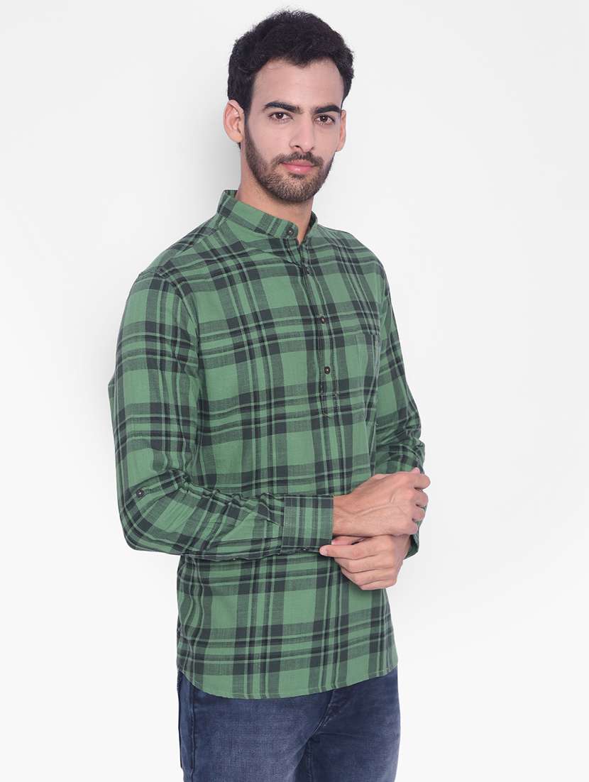 men green checks cotton short kurta - 20335428 -  Standard Image - 1