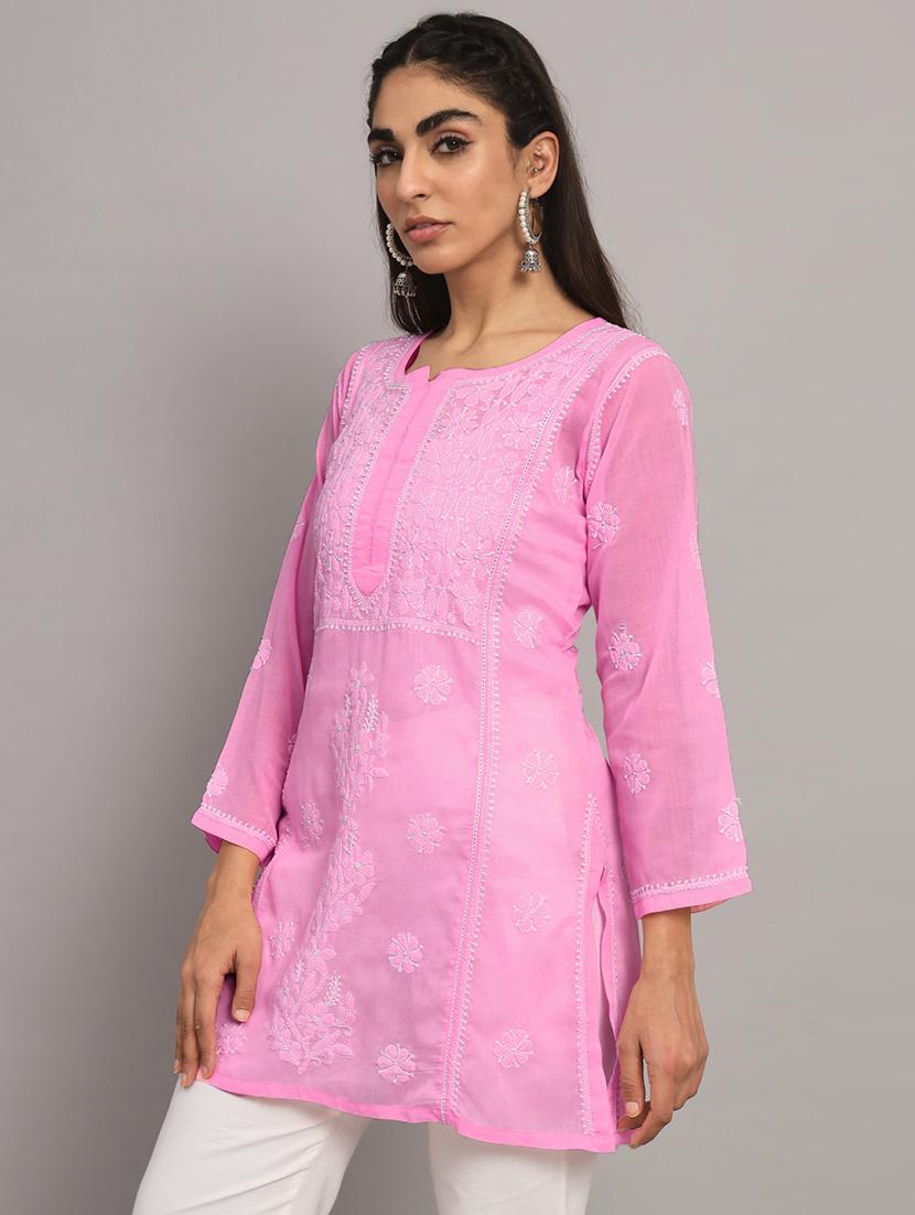 pink chikankari embroidered short kurti - 20335476 - Standard Image - 1