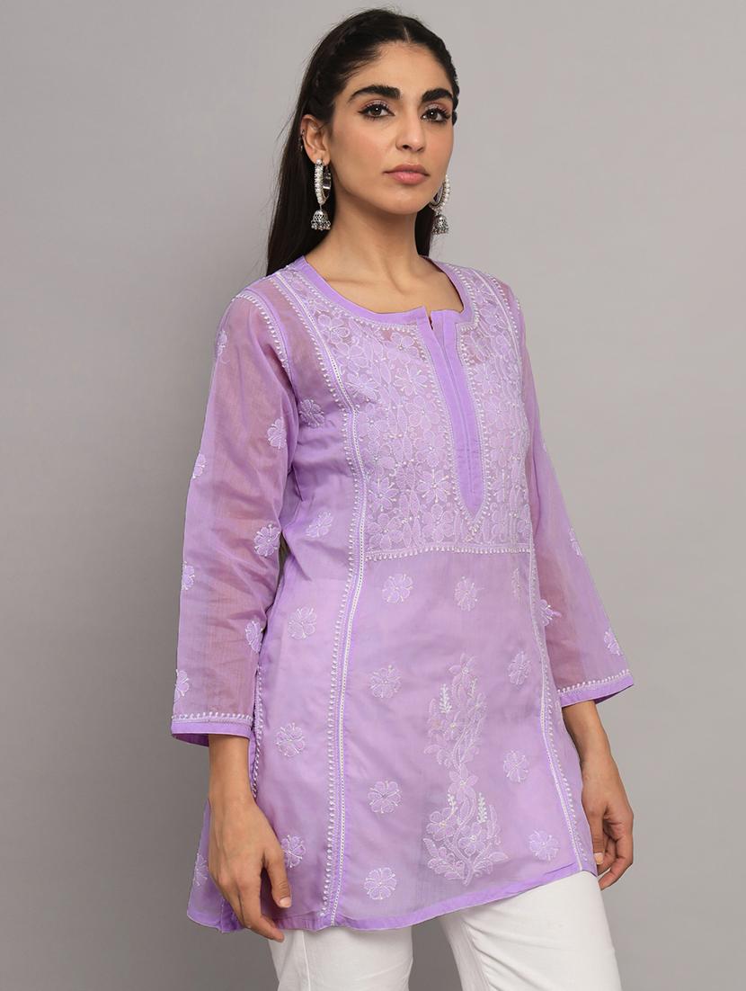 lavender chikankari embroidered short kurti - 20335478 - Standard Image - 1