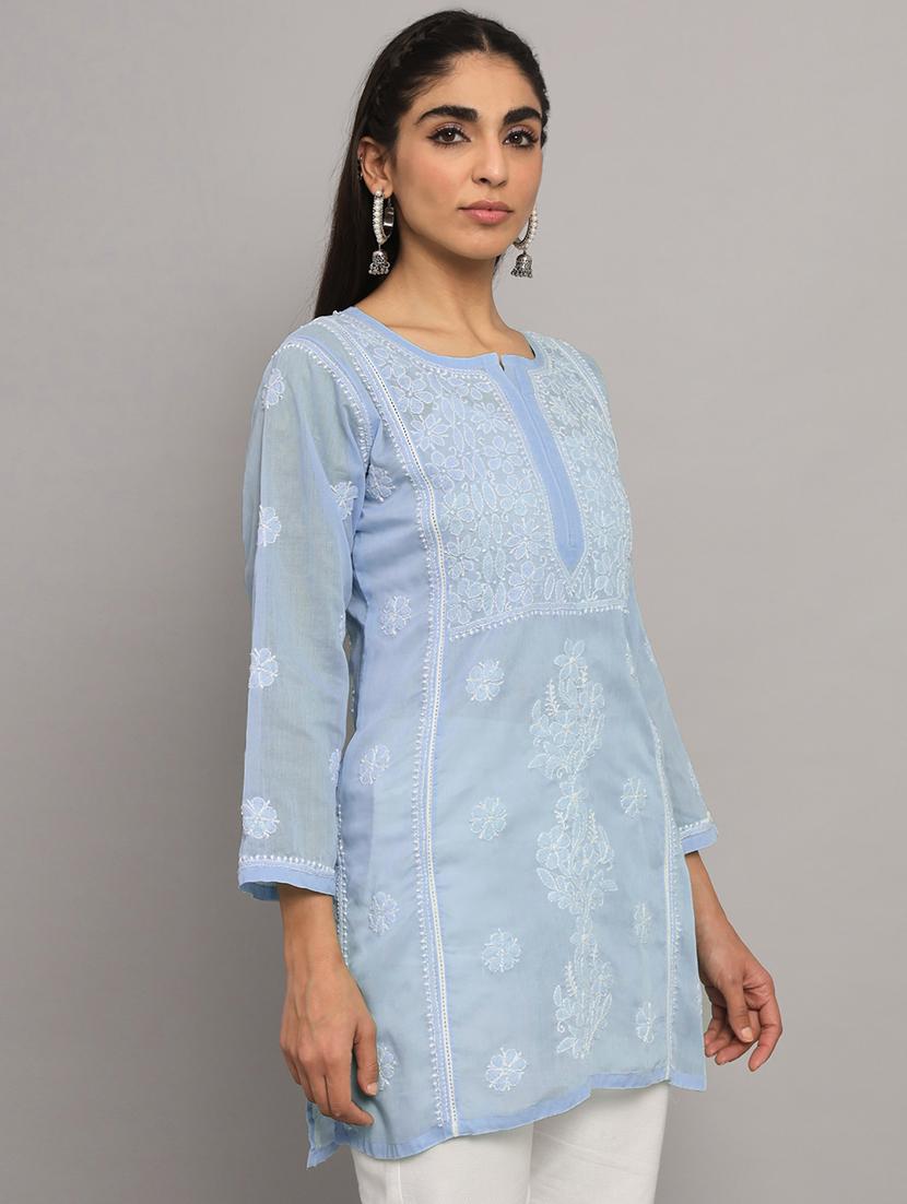 purist blue chikankari embroidered short kurti - 20335479 -  Standard Image - 1