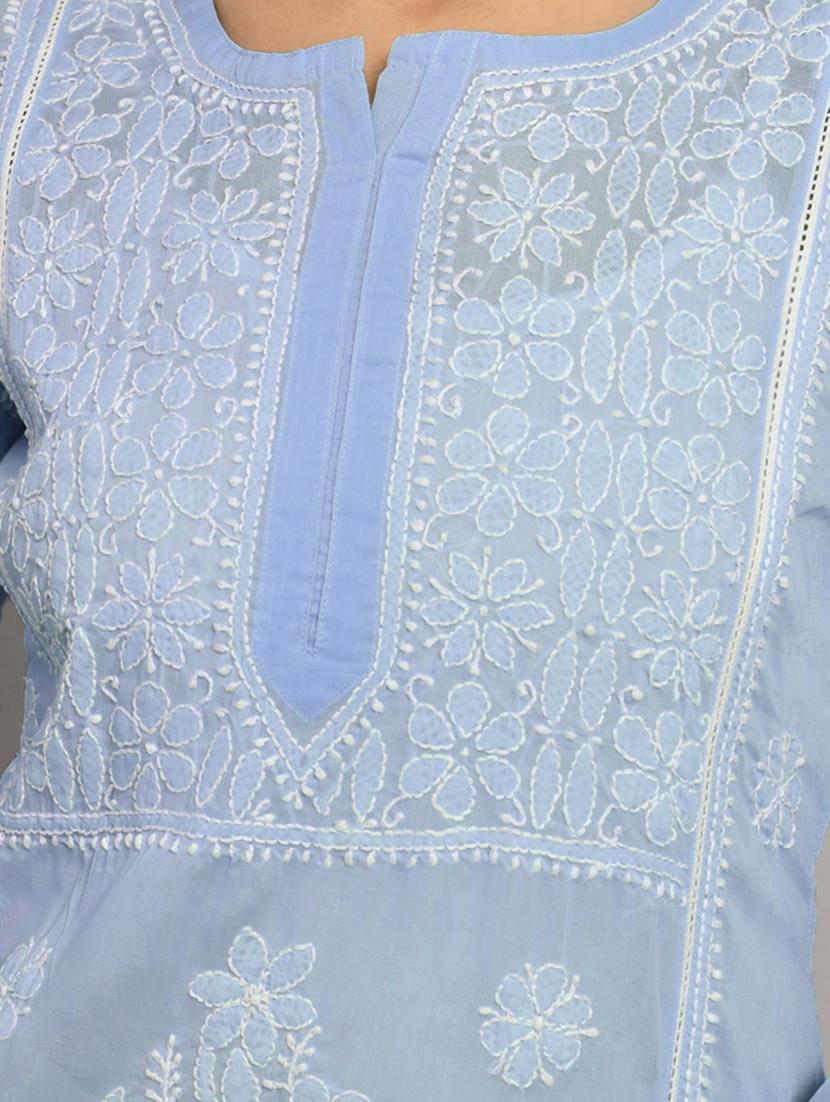 purist blue chikankari embroidered short kurti - 20335479 - Standard Image - 4