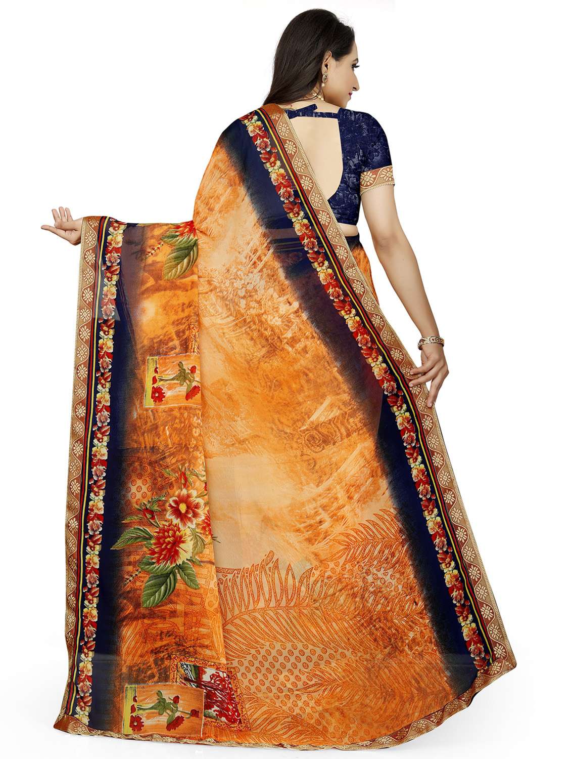 women's floral orange colored saree with blouse - 20335909 -  Standard Image - 1