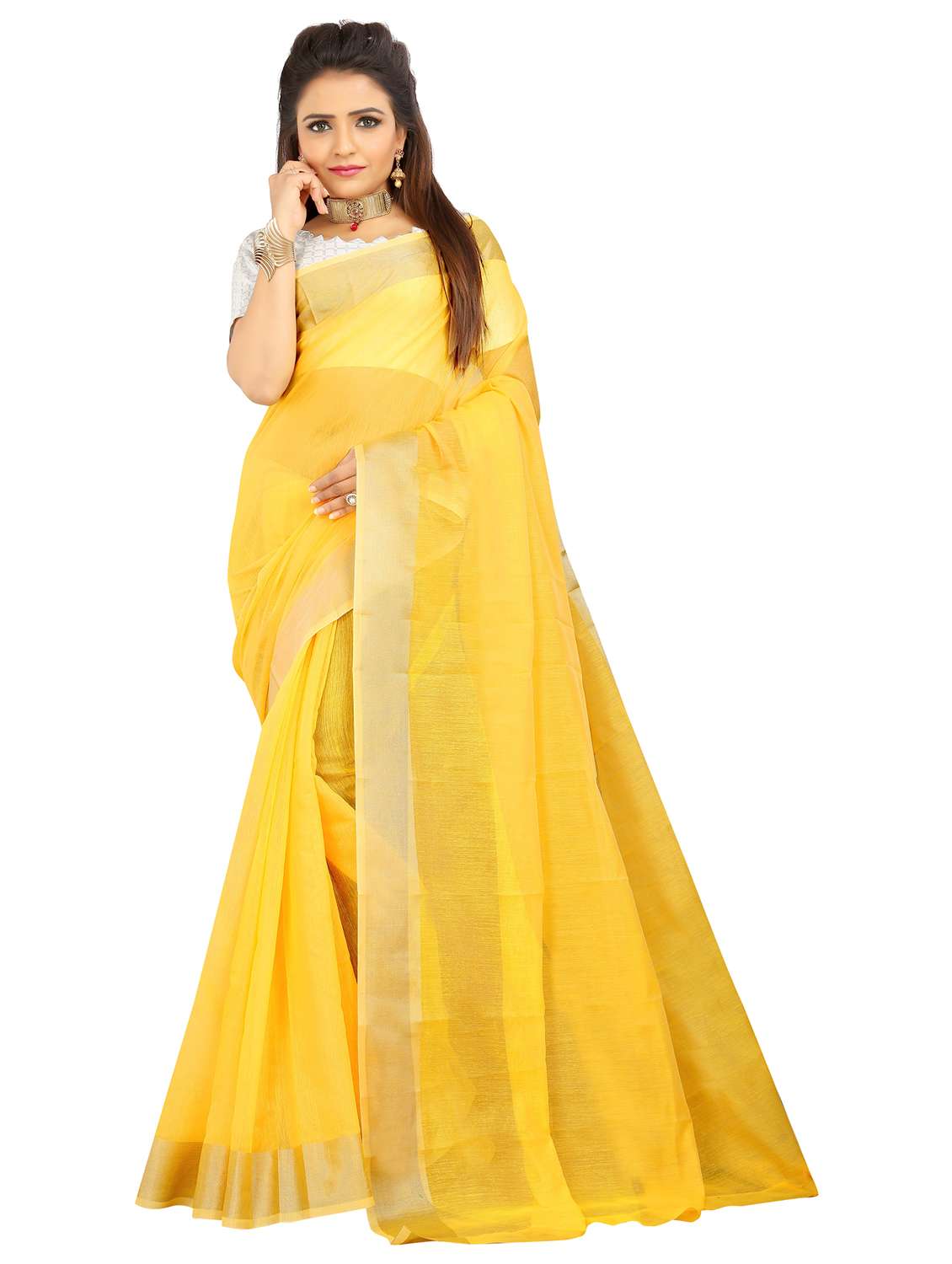 women's bordered yellow colored saree with blouse