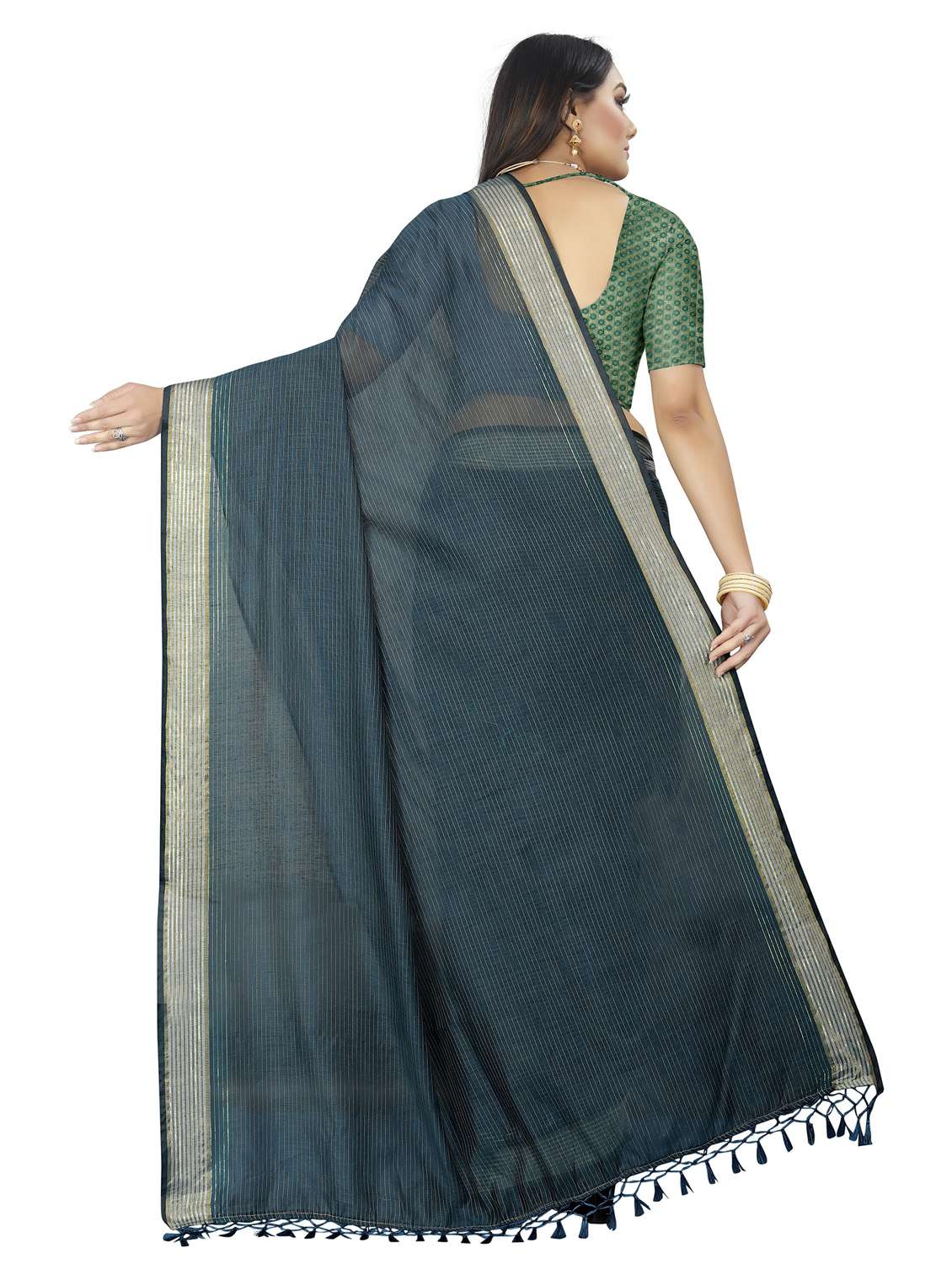 women's stripes teal colored saree with blouse - 20336080 -  Standard Image - 1