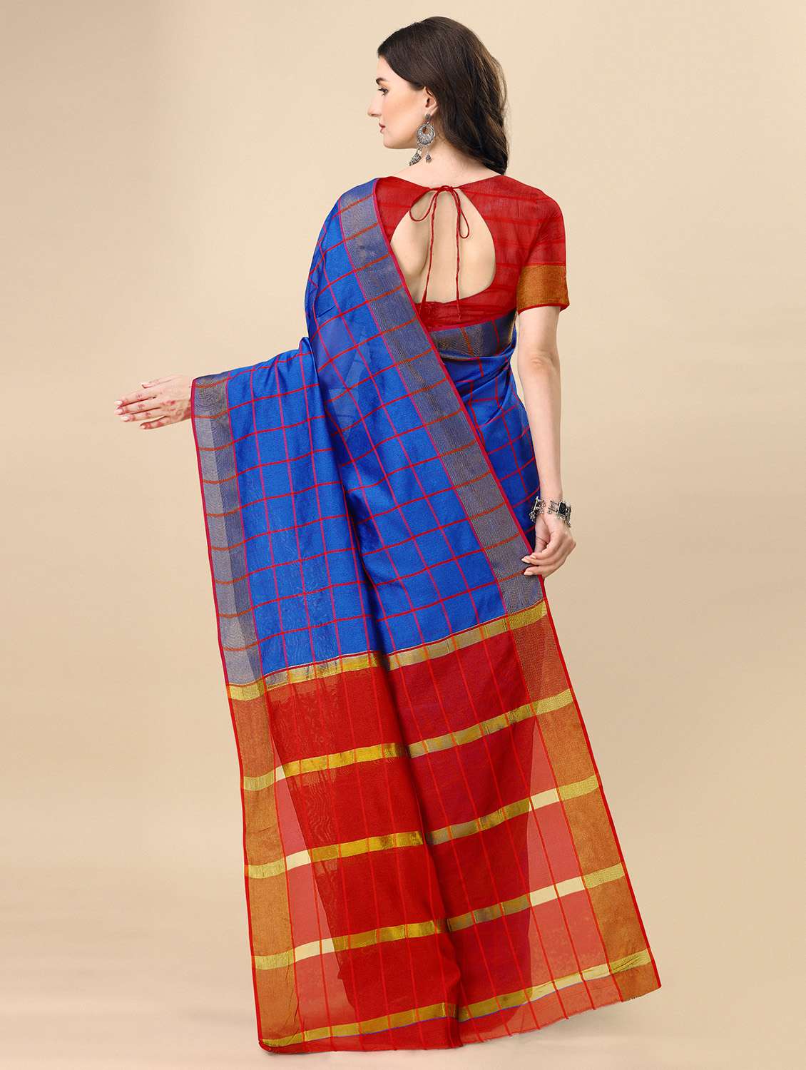 women's checks blue colored saree with blouse - 20336254 -  Standard Image - 1