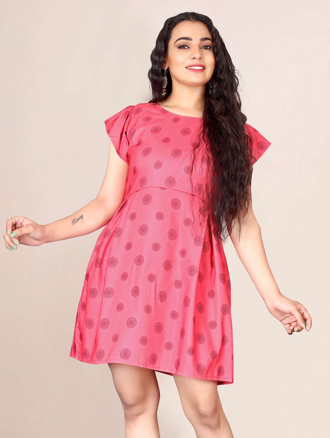 pink printed flute sleeves a-line dress