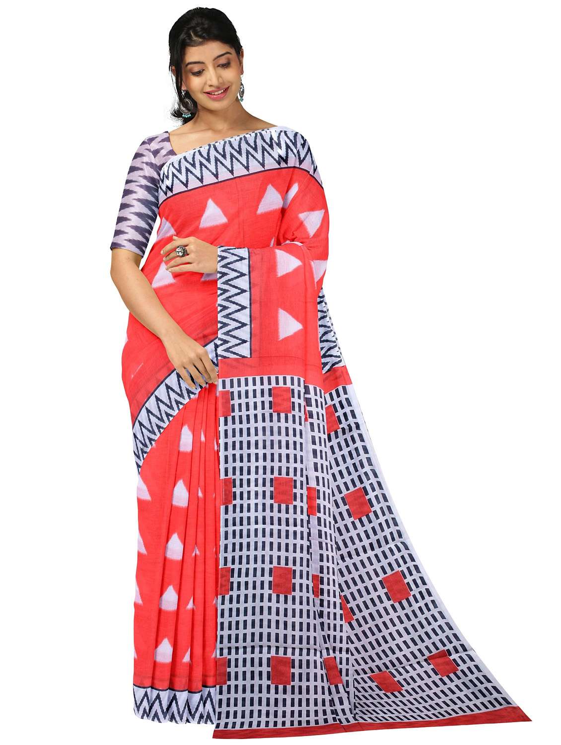 women's geometric red colored saree with blouse