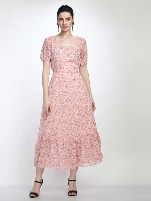 pink floral print puff sleeves a-line dress - 20341024 -  Standard Image - 0