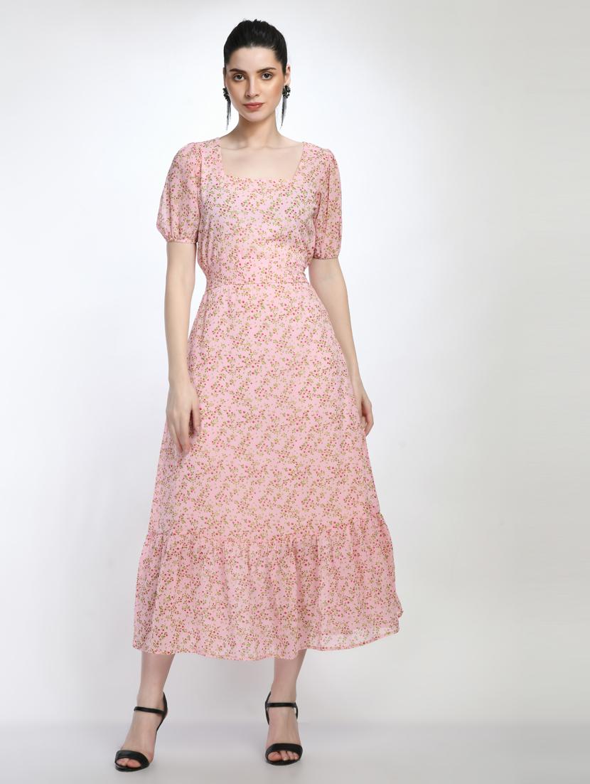 pink floral print puff sleeves a-line dress - 20341024 -  Zoom Image - 0