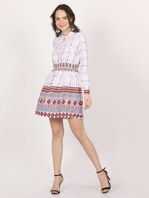 white printed tie up neck a-line dress - 20341027 -  Standard Image - 0