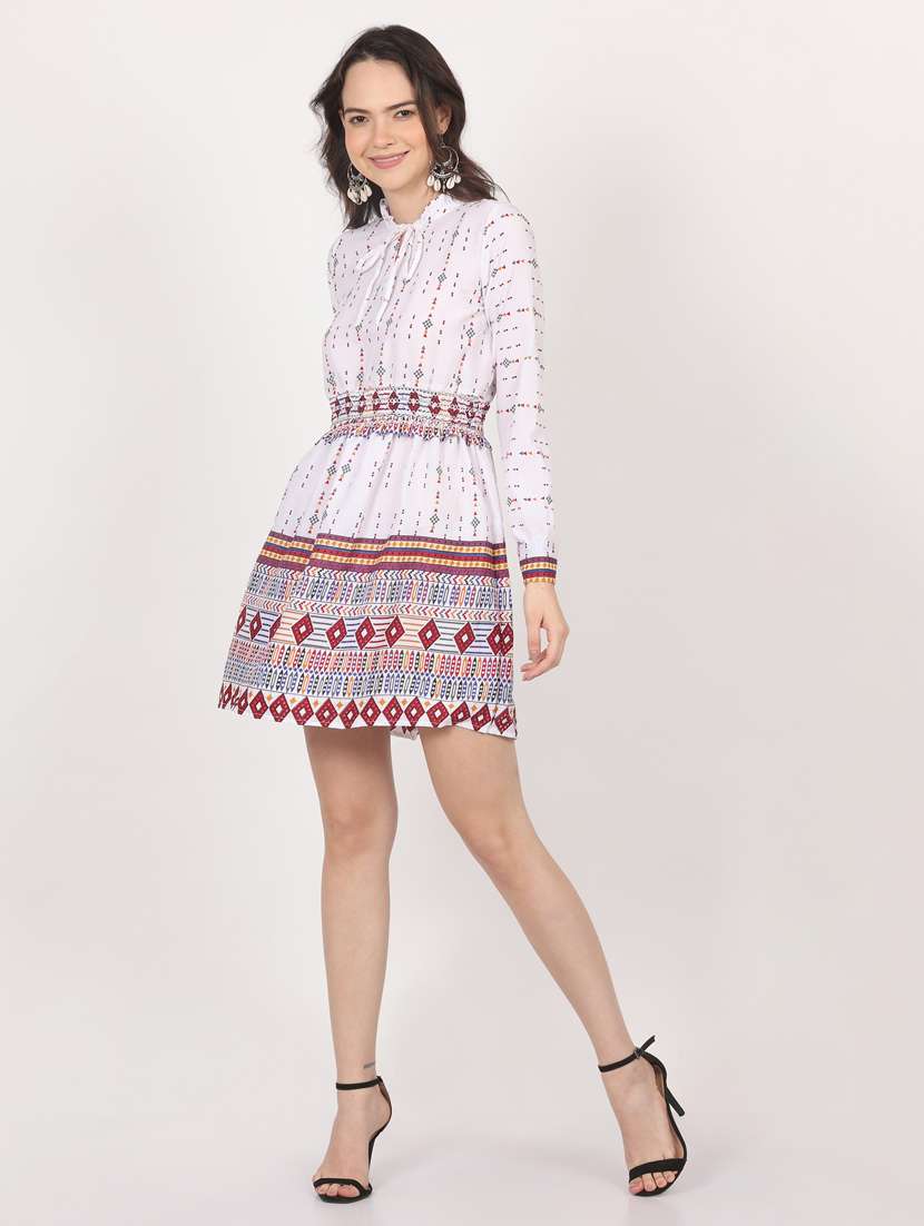 white printed tie up neck a-line dress