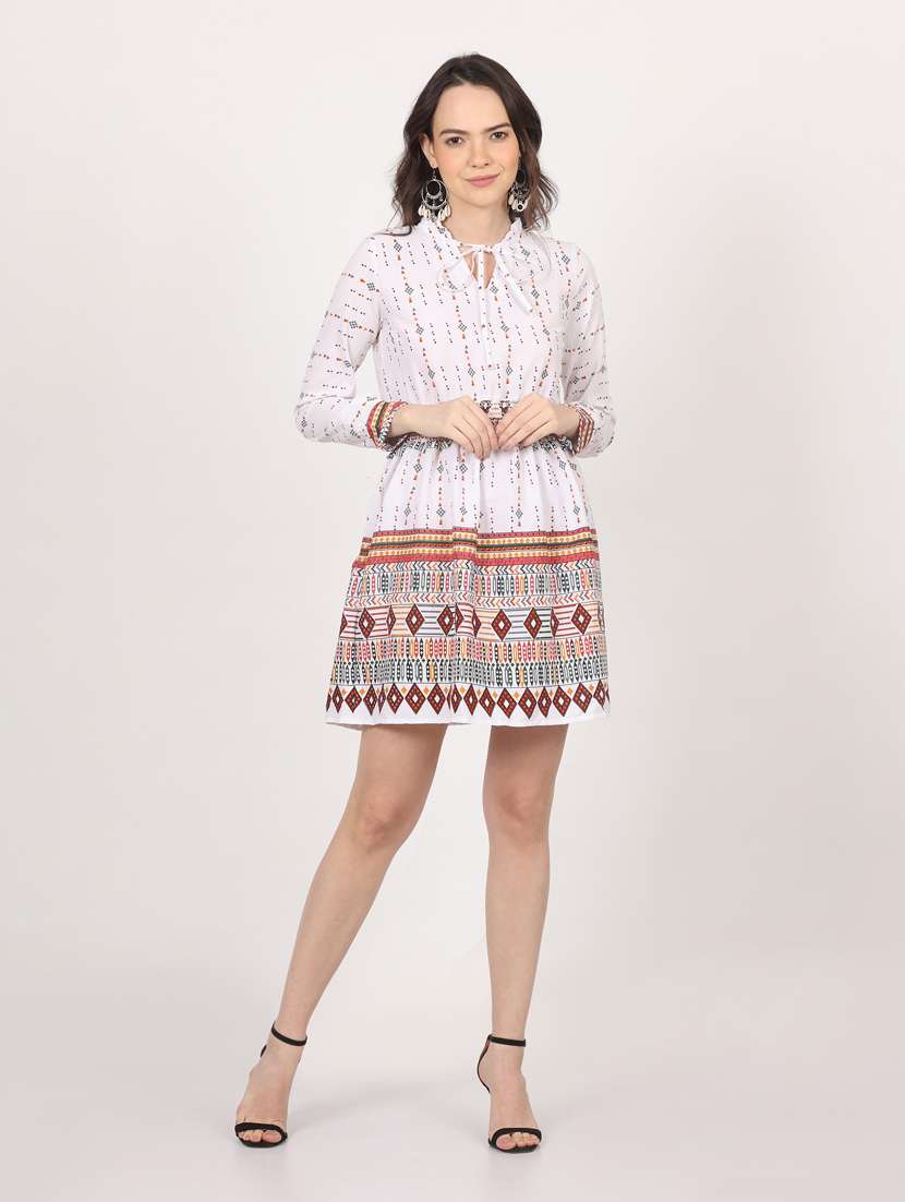 white printed tie up neck a-line dress