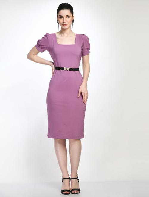 purple solid puff sleeves dress - 20341042 - Standard Image - 0