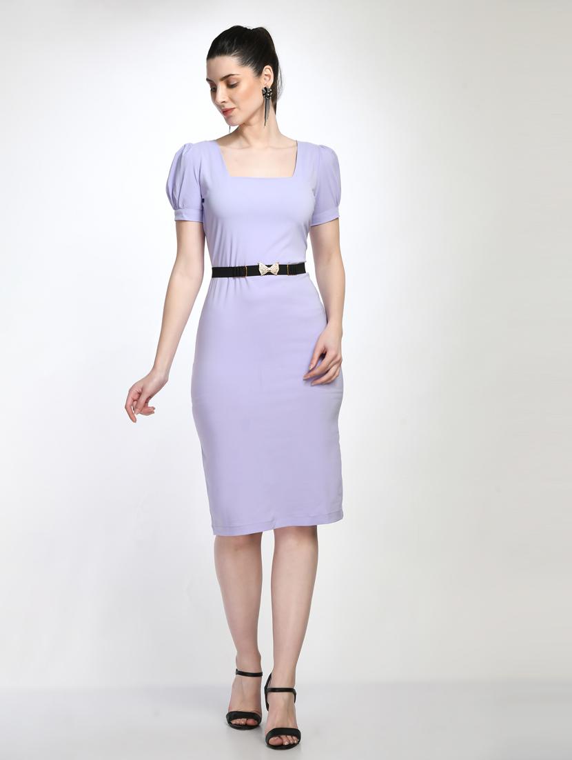 light blue solid puff sleeves bodycon dress - 20341045 - Zoom Image - 0