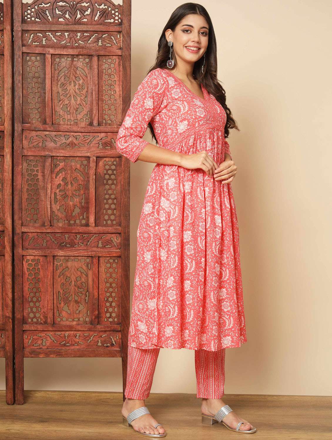 orange three quarter sleeve kurta pant set - 20342303 -  Standard Image - 1