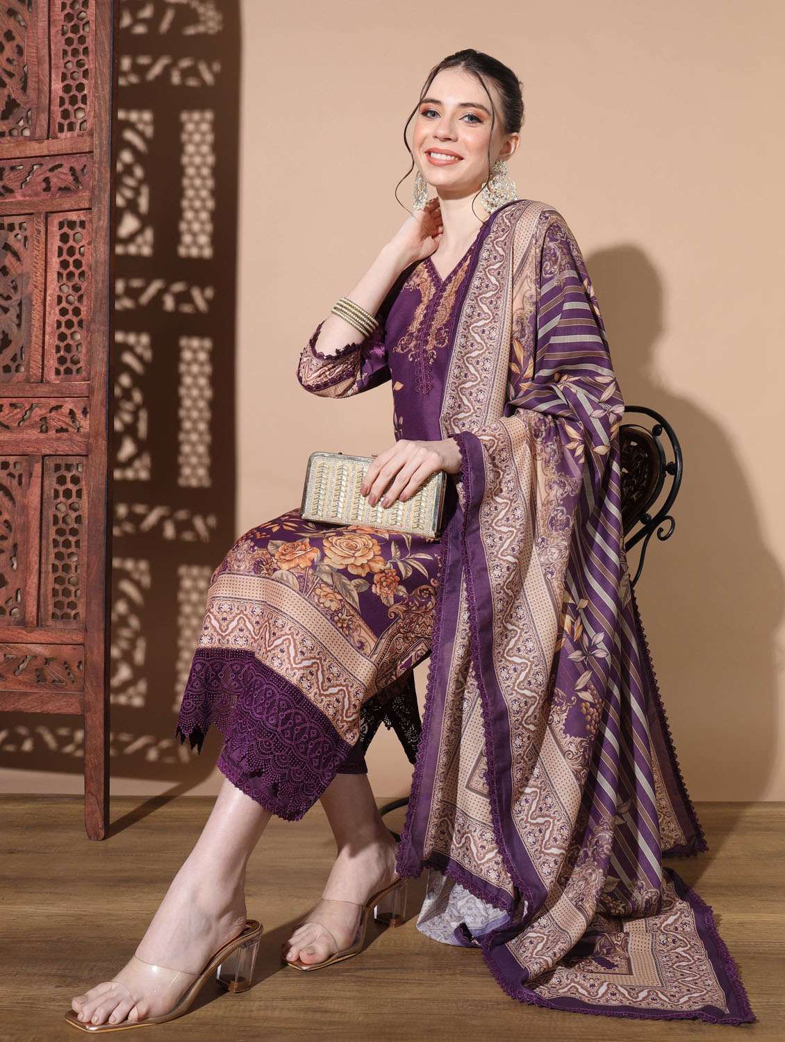 purple three quarter sleeve kurta palazzo set - 20342318 -  Standard Image - 1