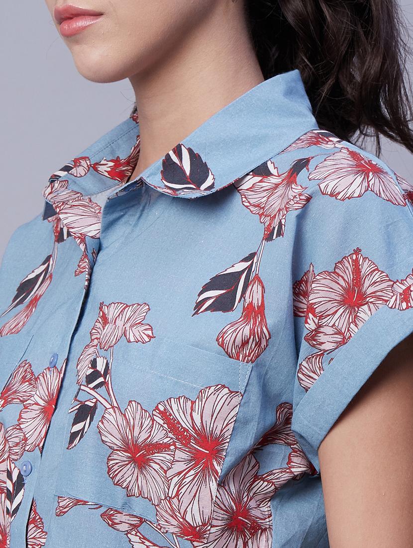 blue floral print shirt collar top - 20342321 - Standard Image - 4